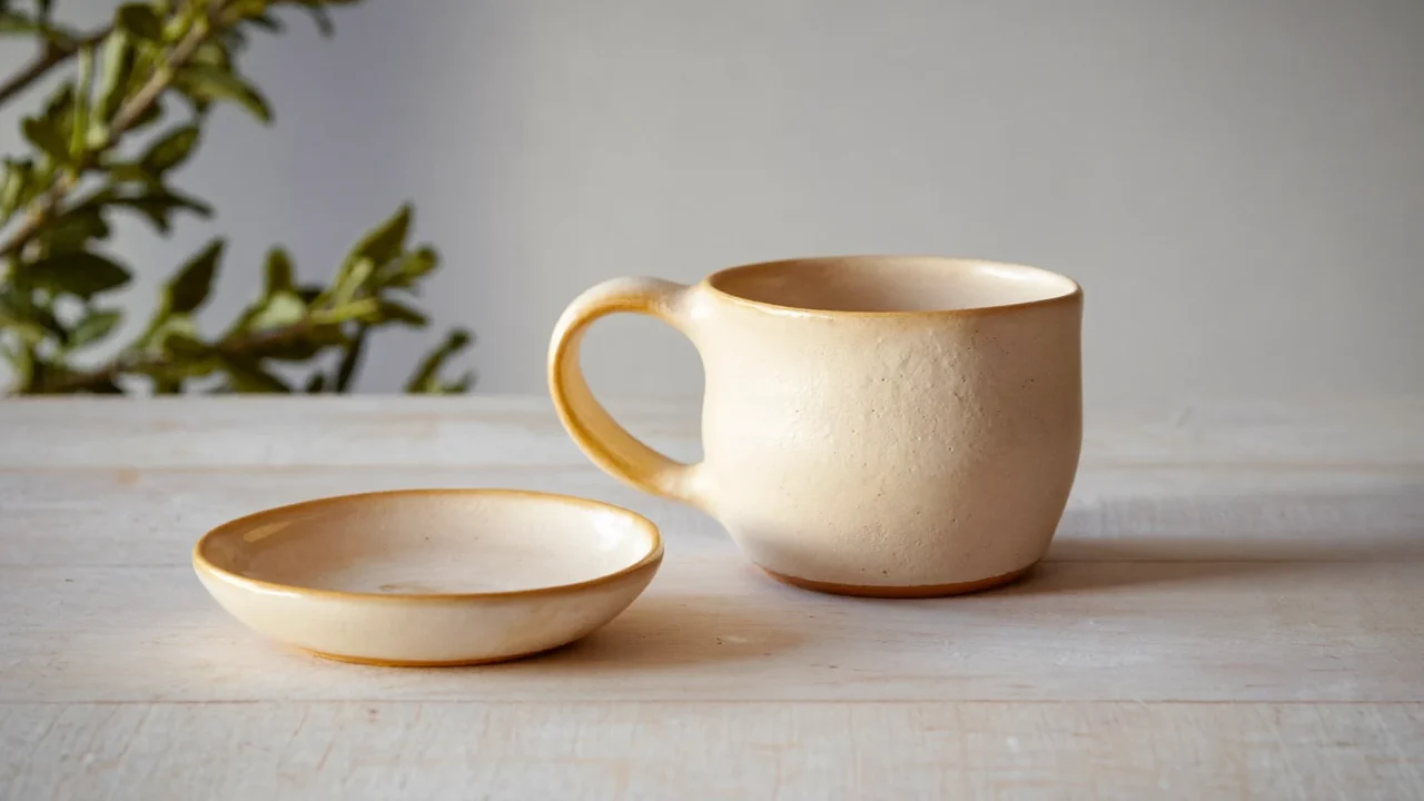 Illustration eines Keramik-Geschenksets aus Tasse und kleinem Teller auf hellem Holztisch