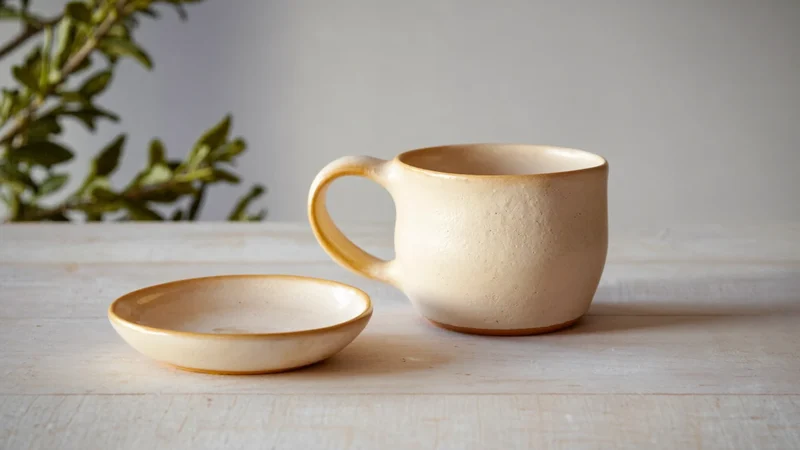 Illustration eines Keramik-Geschenksets aus Tasse und kleinem Teller auf hellem Holztisch