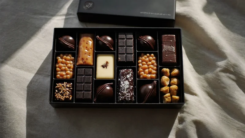Illustration einer geöffneten Box mit Pralinen und Karamell auf hellem Leinen
