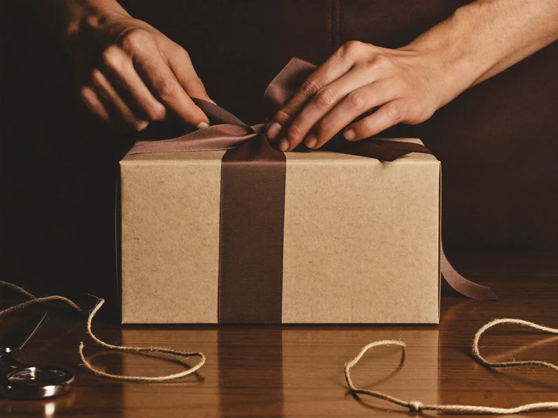 Illustration von Händen, die ein Band um ein verpacktes Geschenk binden